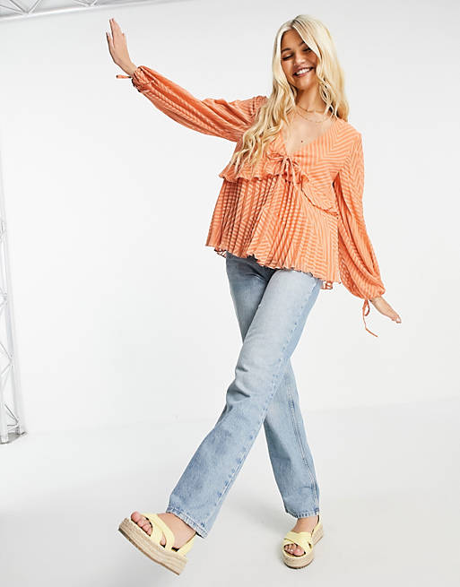 Tops Shirts & Blouses/sheer v neck top with frill and tie waist detail in apricot 