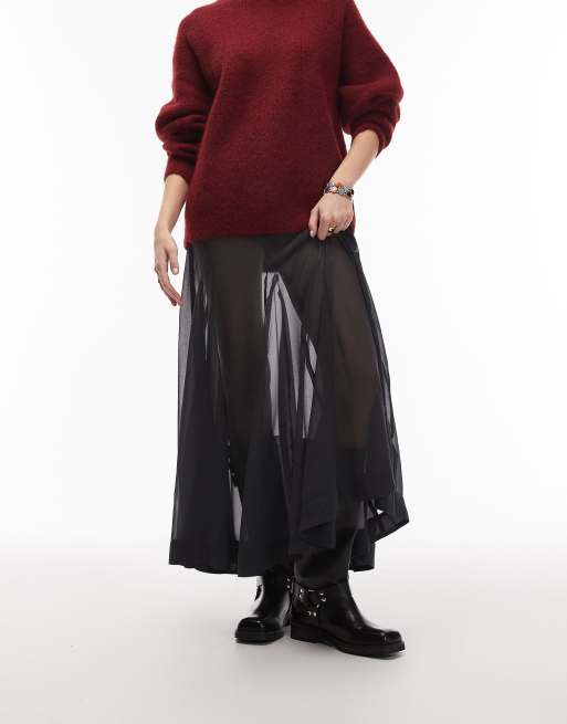 ASOS DESIGN sheer volume godet maxi skirt in charcoal