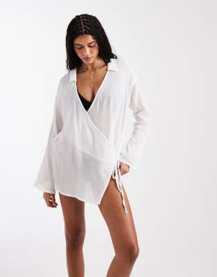 Asos Design Sheer Wrap Front Beach Cover Up In White