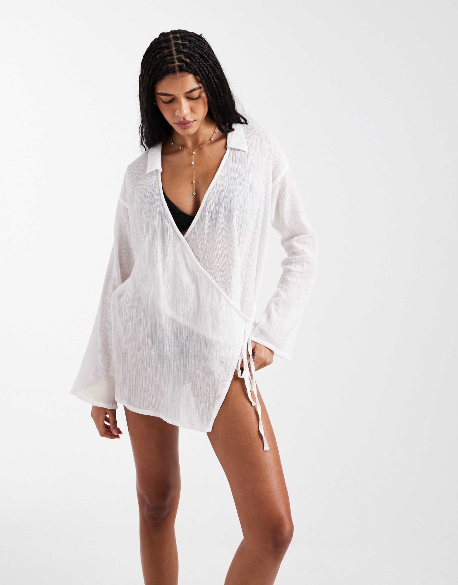 asos design sheer wrap front beach cover up in white