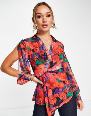 Asos Design Sheer Wrap Front Shirt With Split Sleeve In Faded Floral-multi