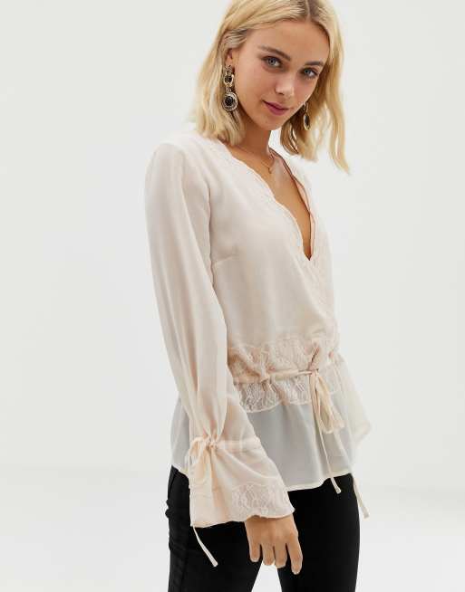 ASOS DESIGN sheer wrap long sleeve top with lace trims