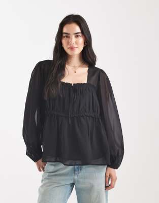 Asos Design Sheer Yoke Chiffon Ruched Detail Blouse In Black