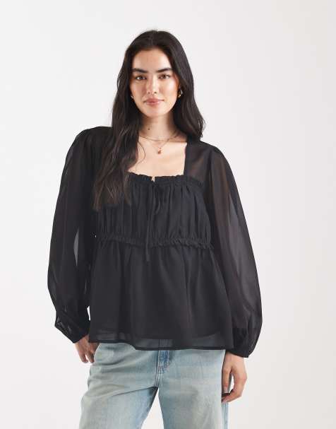 ASOS DESIGN sheer yoke chiffon ruched detail blouse in black - view 1