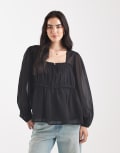 [ASOS DESIGN] ASOS DESIGN sheer yoke chiffon ruched detail blouse in black 14 black