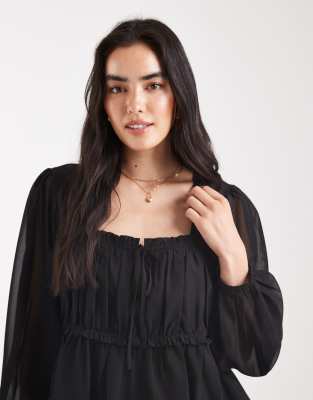 Asos Design Sheer Yoke Chiffon Ruched Detail Blouse In Black
