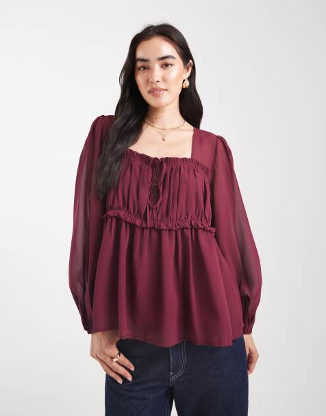 ASOS DESIGN sheer yoke ruched detail blouse in burgundy - view 1