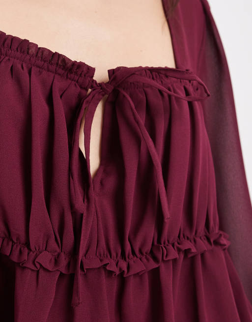ASOS DESIGN sheer yoke ruched detail blouse in burgundy, 2 of 4