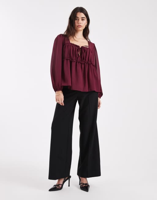 ASOS DESIGN sheer yoke ruched detail blouse in burgundy, 3 of 4
