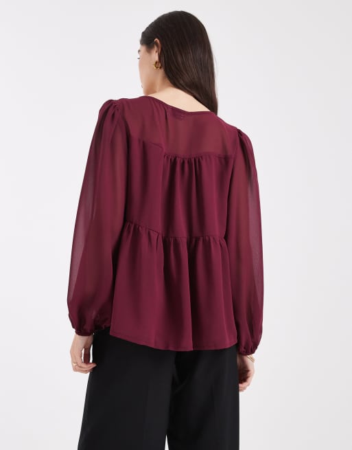 ASOS DESIGN sheer yoke ruched detail blouse in burgundy, 4 of 4
