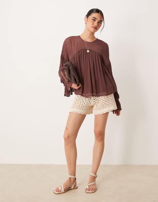 ASOS DESIGN sheer yoke volume detail long sleeve top in brown
