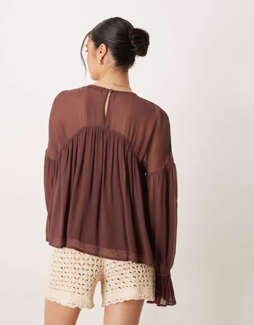 ASOS DESIGN sheer yoke volume detail long sleeve top in brown