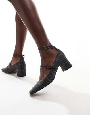 Asos Design Sheldon Mary Jane Mid Block Heeled Shoes In Gray Check