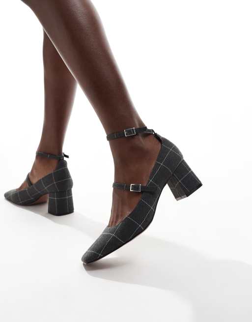 ASOS DESIGN - Sheldon - Mary Jane schoenen met halfhoge hak in grijs ruitje