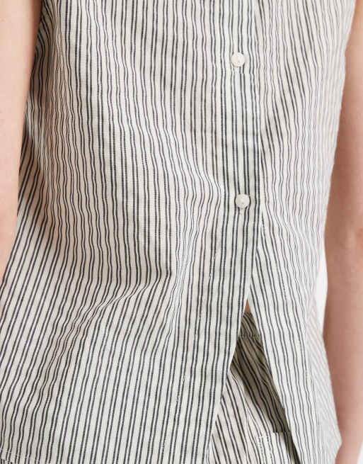ASOS DESIGN shell button back top co-ord in grey and cream stripe, 3 of 4