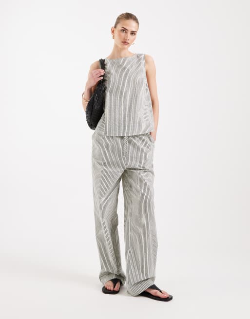 ASOS DESIGN shell button back top co-ord in grey and cream stripe, 4 of 4