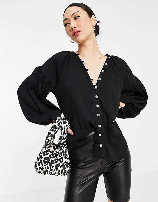 Women Shirts & Blouses/shell button top with volume sleeve in black 