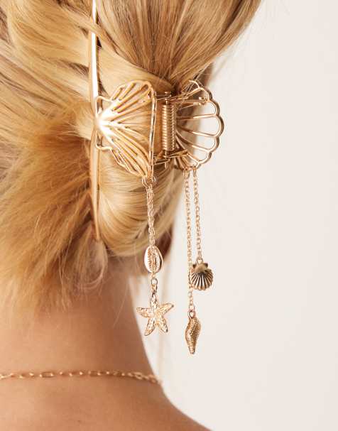 ASOS DESIGN shell design hair claw with charms in gold tone - view 1