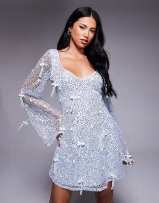 Asos Design Shell Embellished Sequin Long Sleeve V-neck Mini Dress With 3d Fringe Details In Gray