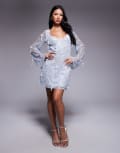 [ASOS DESIGN] ASOS DESIGN shell embellished sequin long sleeve v-neck mini dress with 3D fringe details in steel grey 8 Grey