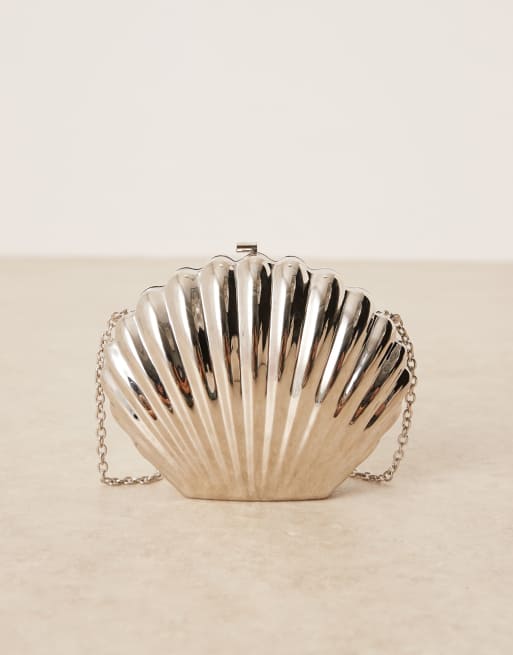 ASOS DESIGN shell metal clutch bag in silver with crossbody strap