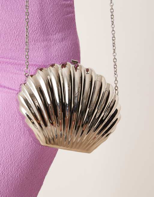 ASOS DESIGN shell metal clutch bag in silver with crossbody strap, 3 of 4