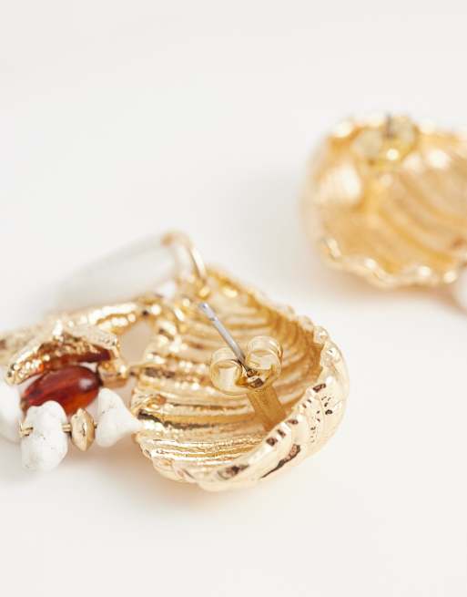 ASOS DESIGN shell stud earrings with sea-life charms in gold tone, 3 of 4