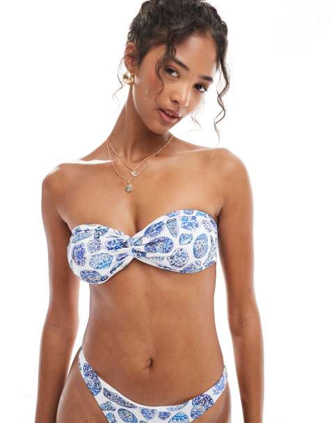 ASOS DESIGN - Shelly - Bandeau-bikinitop med snoning og strandskalsprint - view 1