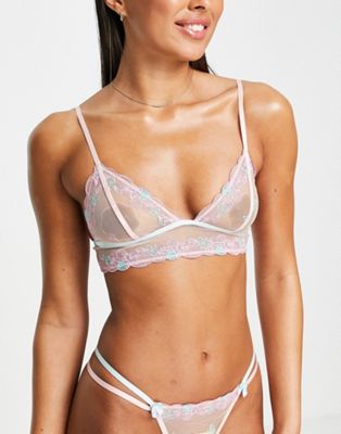 ASOS DESIGN Shelly lace soft longline triangle bra in peach and blue