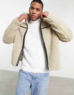 ASOS DESIGN sherpa jacket with tape detail in ecru-White