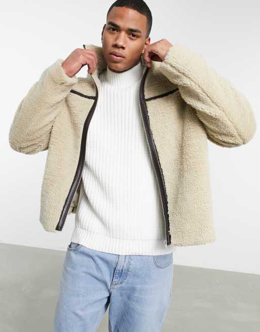 ASOS DESIGN sherpa jacket with tape detail in ecru | ASOS