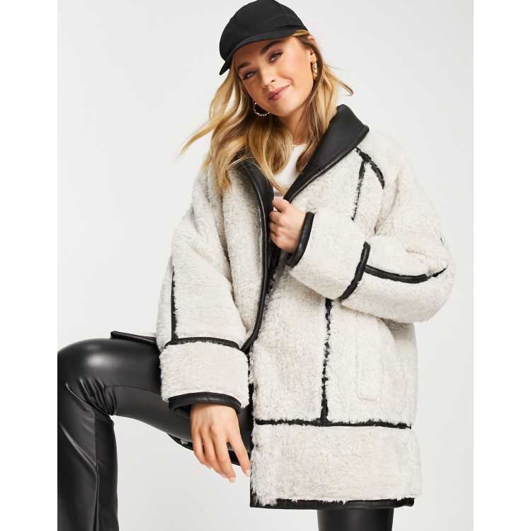 ASOS DESIGN sherpa oversized shawl collar aviator jacket in white 