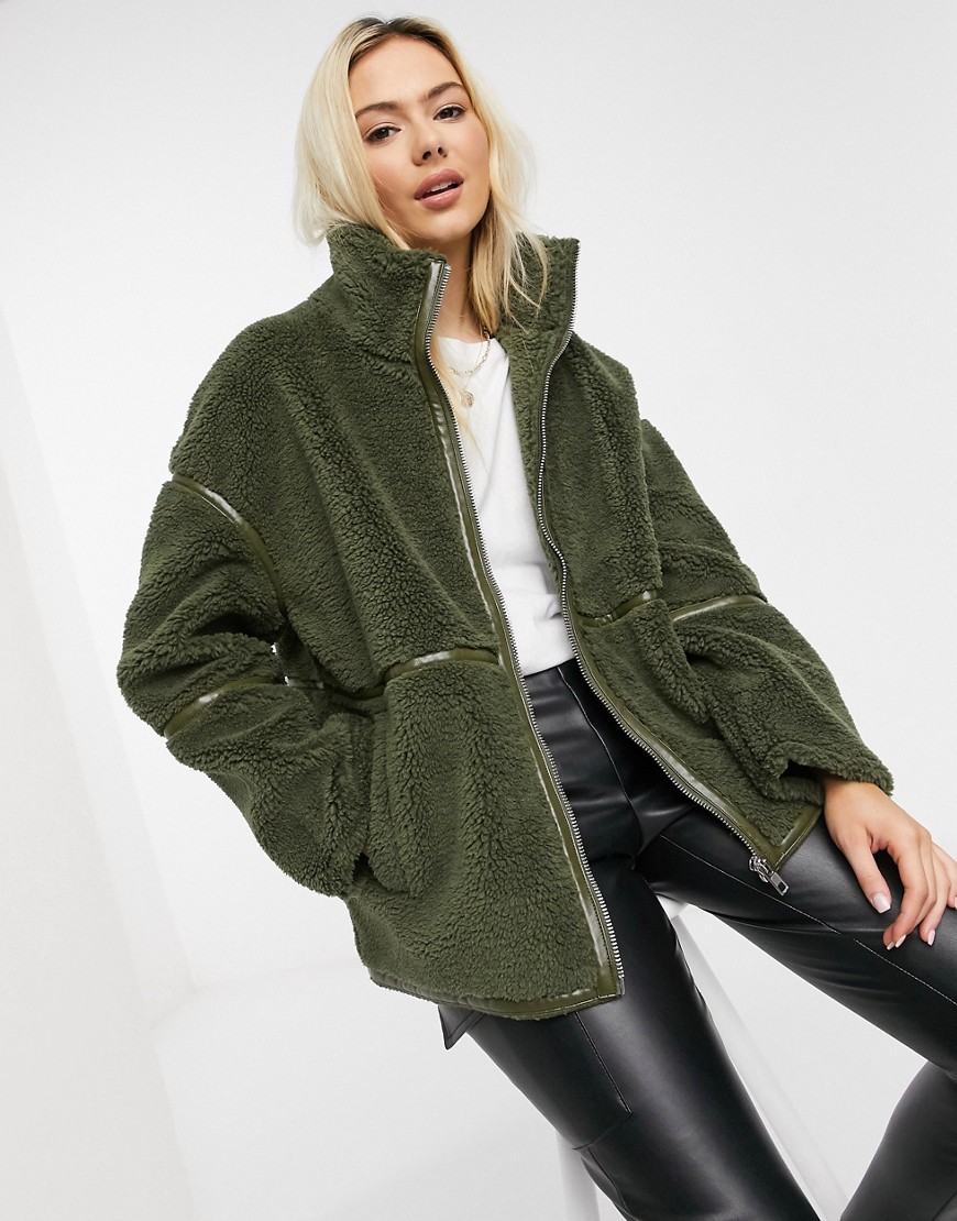 ASOS DESIGN sherpa zip up jacket with patent binding in khaki-Green