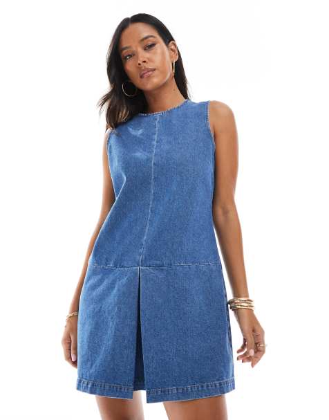ASOS DESIGN - Shift-kjole med sænket talje og plisseringer i denim - view 1
