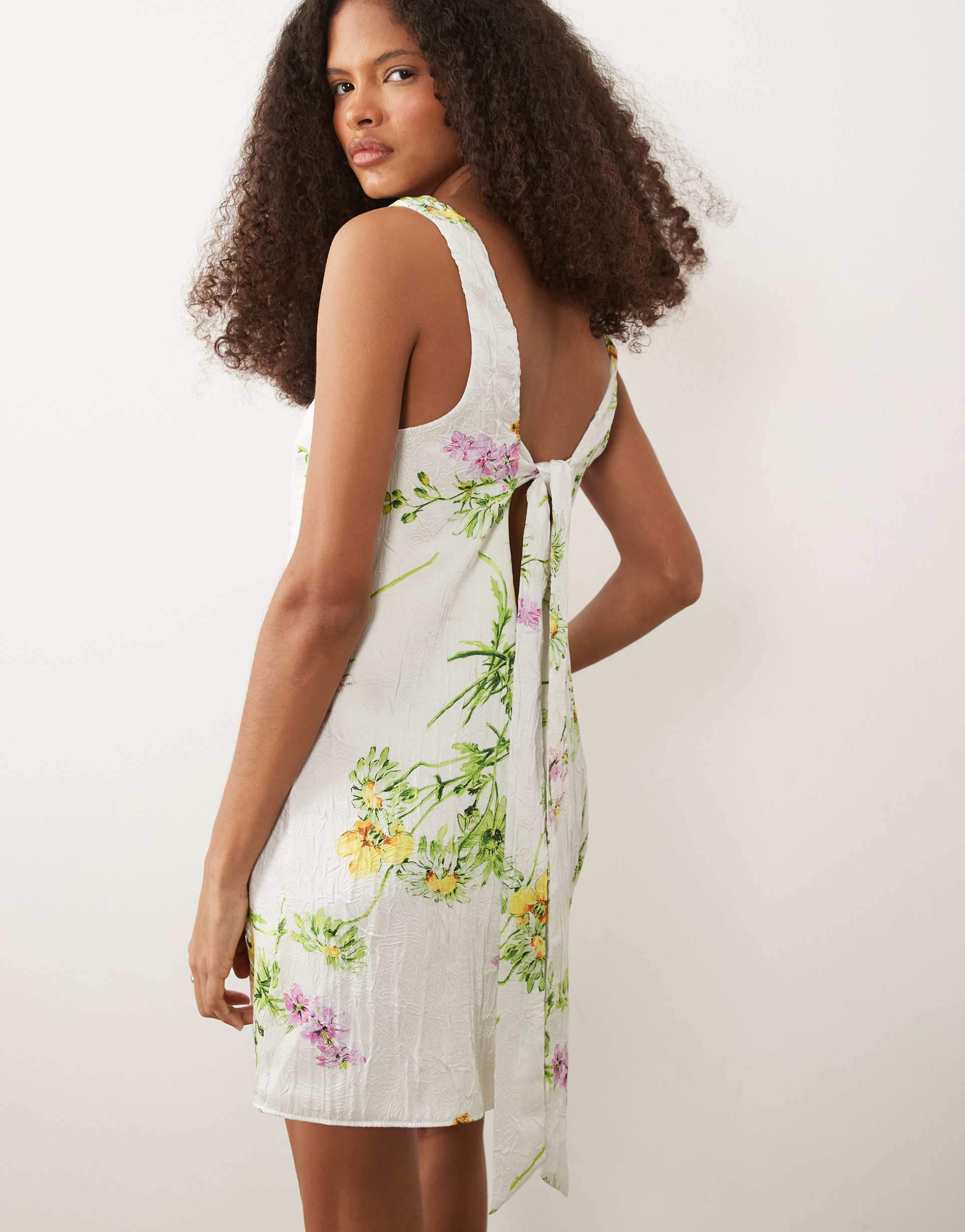 asos design shift mini dress with bow back detail in multi floral print