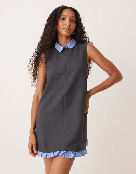 ASOS DESIGN shift mini dress with contrast shirt collar and hem in grey - view 1