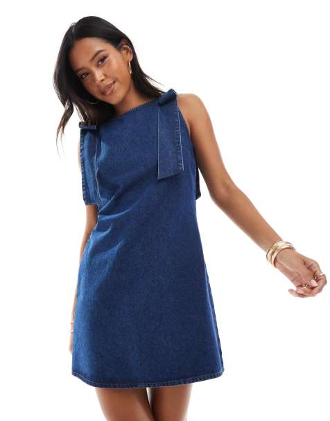 ASOS DESIGN - Shift-minikjole med sløjfeskuldre i denim - view 1