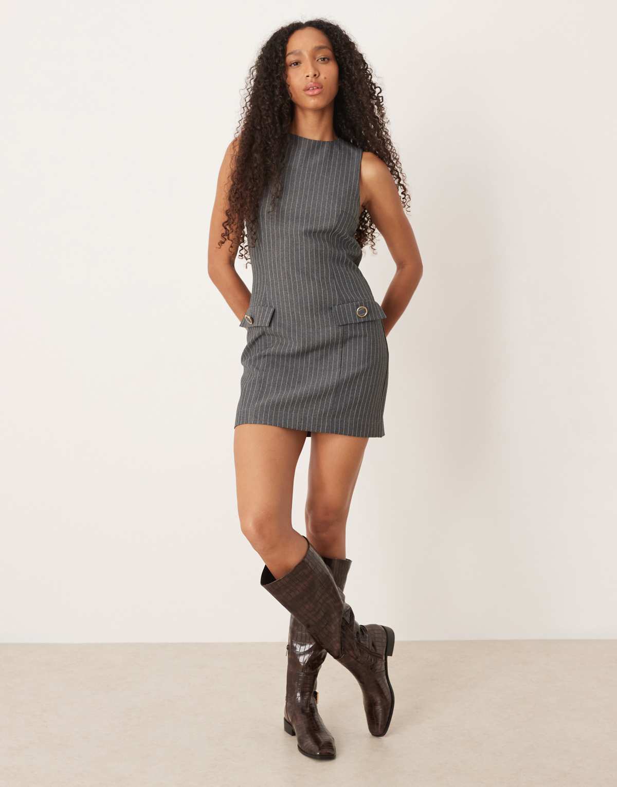 ASOS DESIGN  shift sleeveless mini dress with pocket detail in grey pinstripe