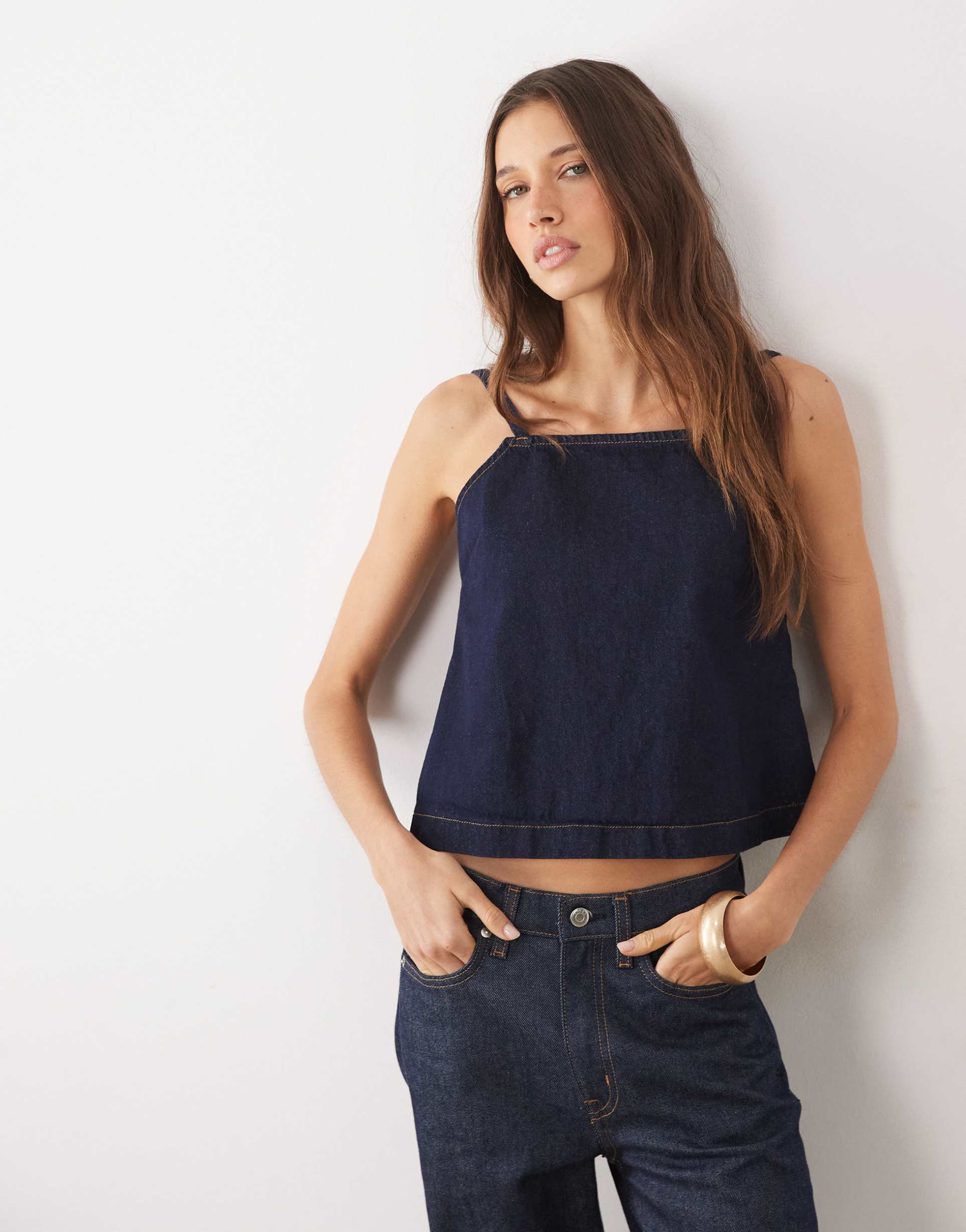 asos design shift top with deep v back in rinse wash blue