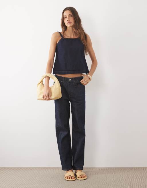 ASOS DESIGN shift top with deep v back in rinse wash blue, 3 of 4
