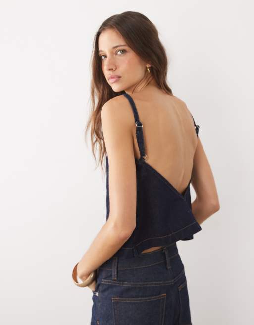 ASOS DESIGN shift top with deep v back in rinse wash blue, 4 of 4