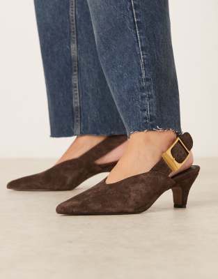 ASOS DESIGN Shiloh large buckle detail slingback kitten heel shoes in brown suede