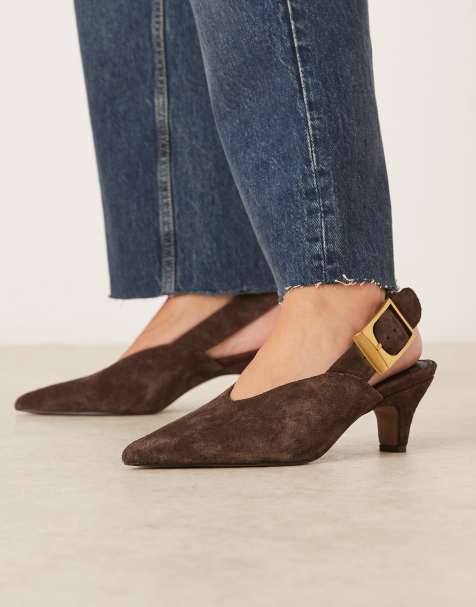 ASOS DESIGN Shiloh large buckle detail slingback kitten heel shoes in brown suede - view 1