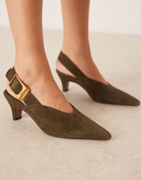 ASOS DESIGN – Shiloh – Oliwkowe zamszowe buty na obcasach kaczuszkach z paskiem za piętą i dużą klamrą - view 1