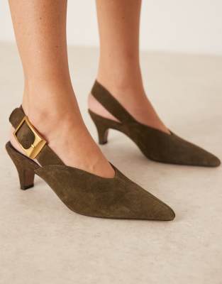 ASOS DESIGN - Shiloh - Wildleder-Schuhe in Olivgrün mit großem Schnallendetail, Fersenriemen und Kitten-Absatz