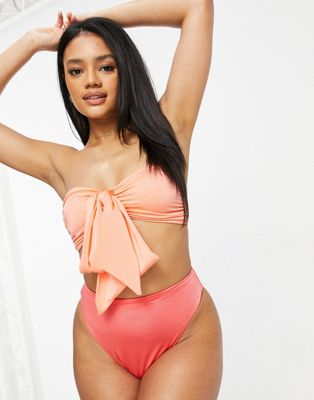 ASOS DESIGN shimmer bow front bikini top in apricot-Orange