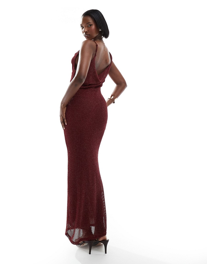 shimmer knit cowl neck maxi dress in wine-Red