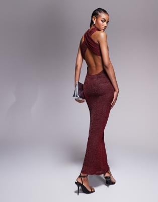 shimmer knit high neck halter maxi dress in burgundy-Red