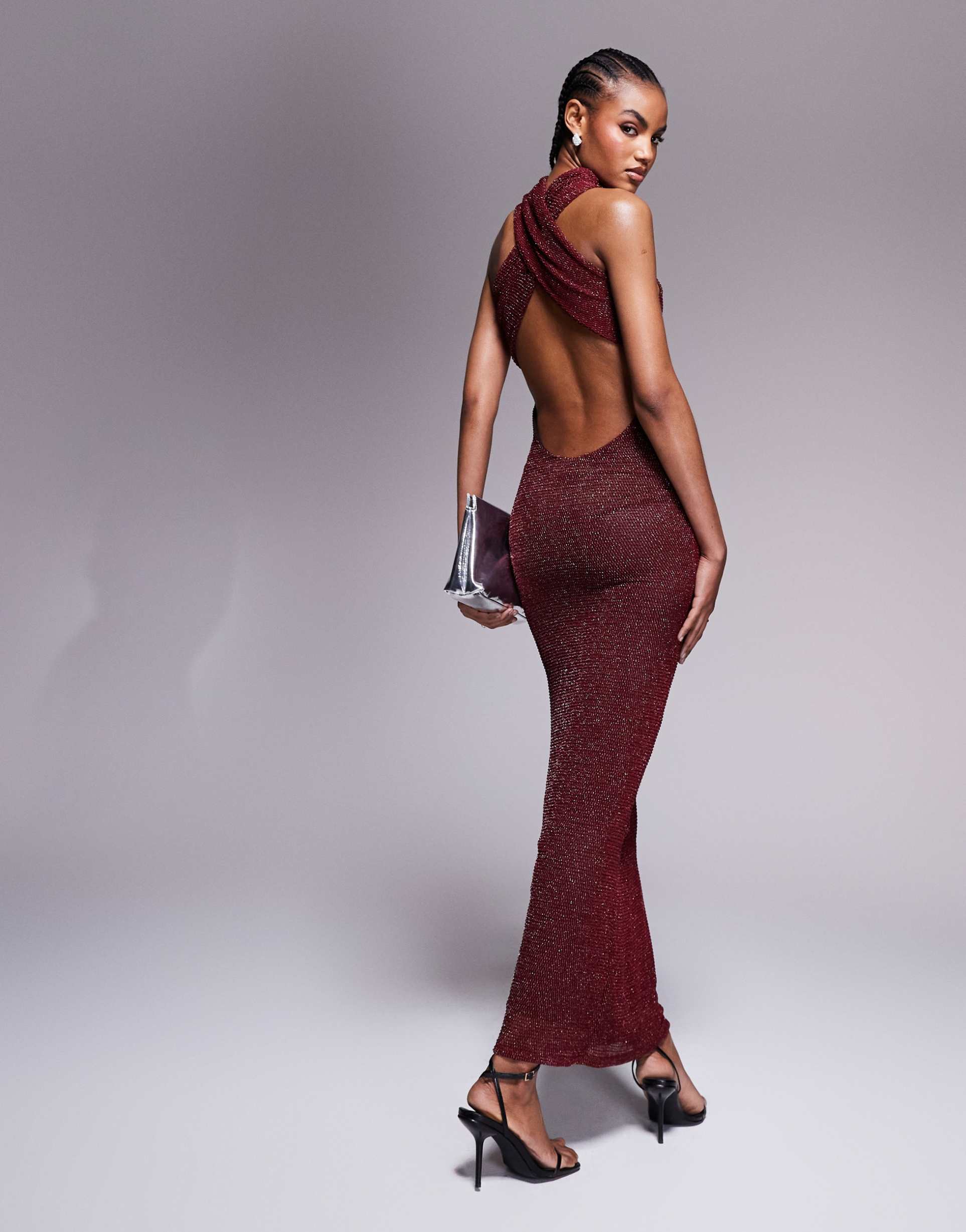 asos design shimmer knit high neck halter maxi dress in burgundy