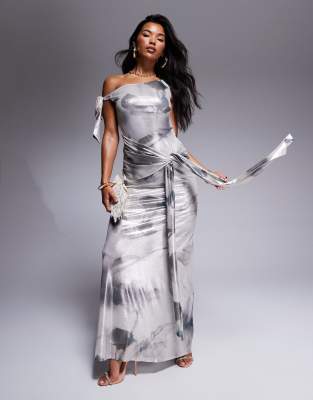 Asos Design Shimmer Mesh Asymmetric Cowl Maxi Dress With Tie Details In Gray Print-multi